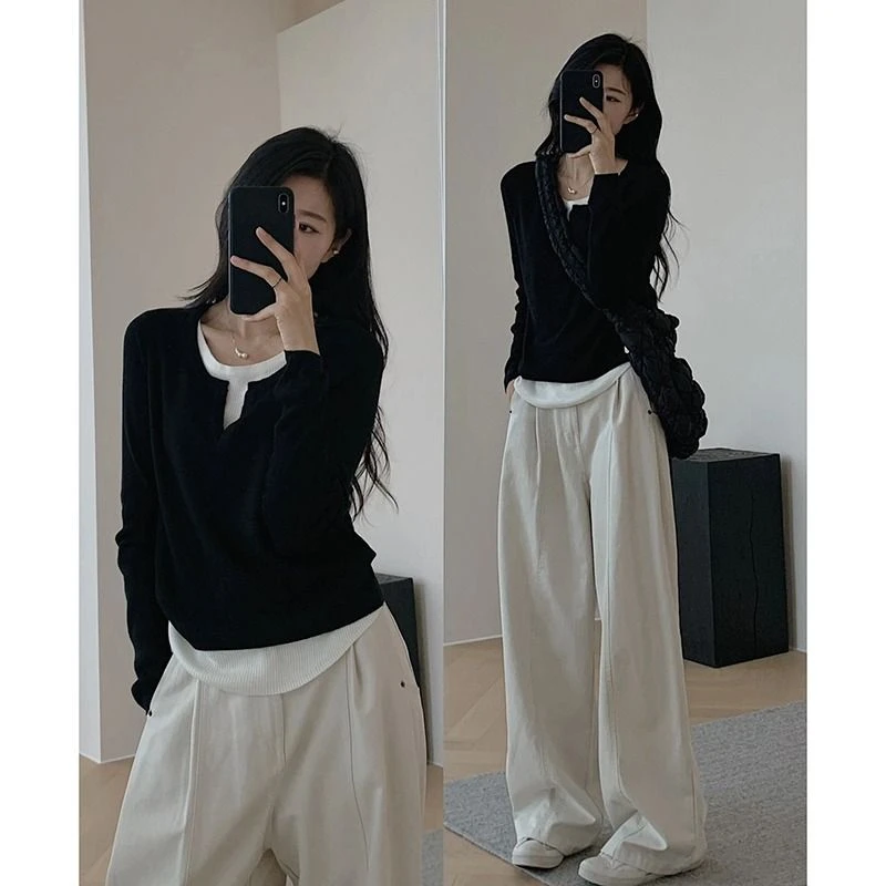 黑色假两件长袖T恤女春秋不规则拼接修身显瘦内搭百搭打底衫上衣