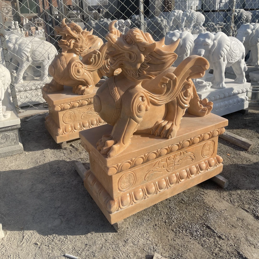 石雕晚霞红貔貅一对庭院门口别墅摆件汉白玉晚霞红独角兽酒店摆件