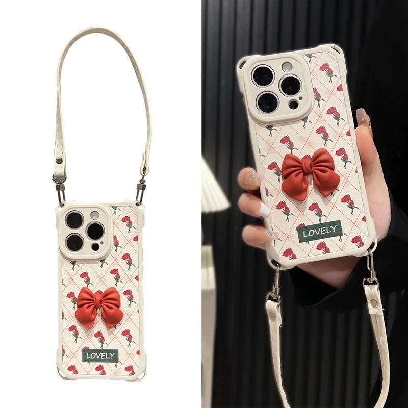 菱格红花适用苹果16手机壳防摔四角挂绳iPhone15华为oppovivo小米