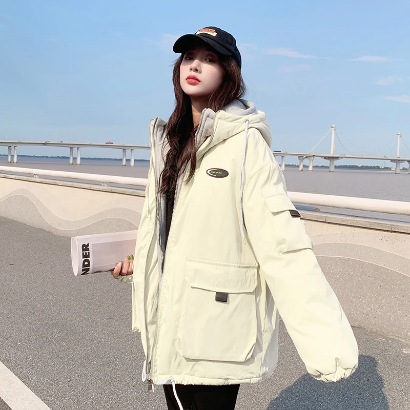 HFJY/和锋金羽工装短款棉衣棉服女2023新款秋冬季外套厚棉袄白色