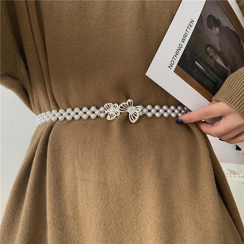 珍珠腰带女欧美时尚装饰高级感腰链百搭配连衣裙衬衫弹力松紧皮带