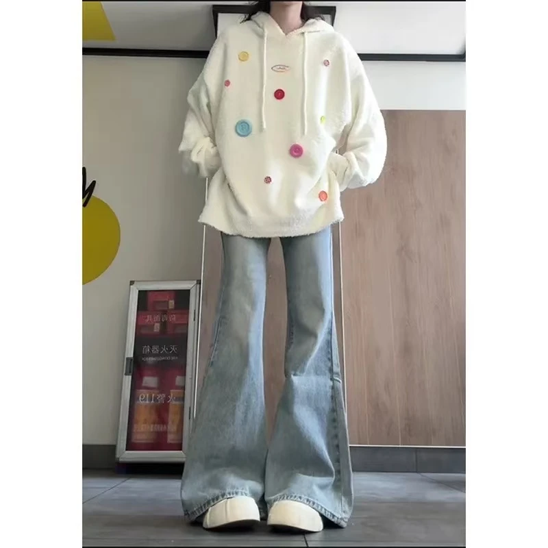 韩系彩色纽扣立体连帽针织衫毛衣女秋冬慵懒风长袖上衣套头外套