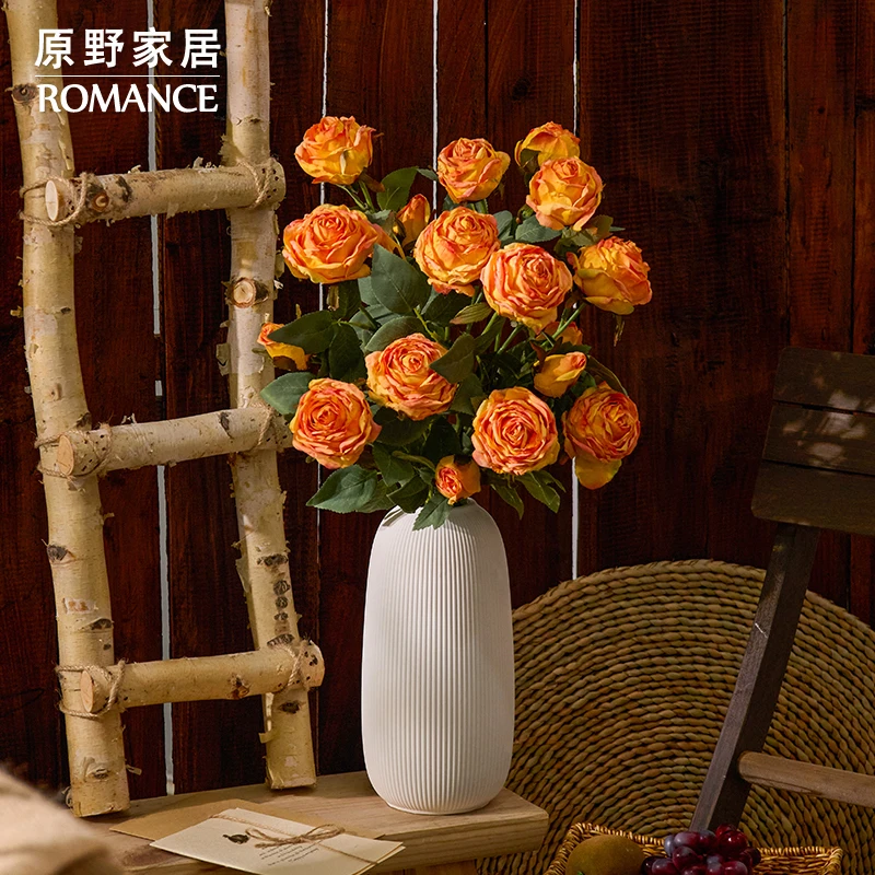 复古珊瑚玫瑰仿真花客厅餐桌假花装饰花束摆件干花插花绢花摆设