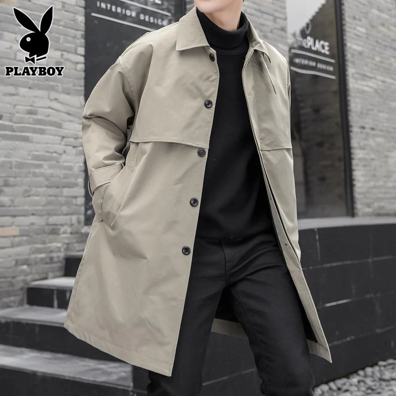 花花公子冬季卡其色男士风衣中长款潮流高级感大衣服秋冬男装外套