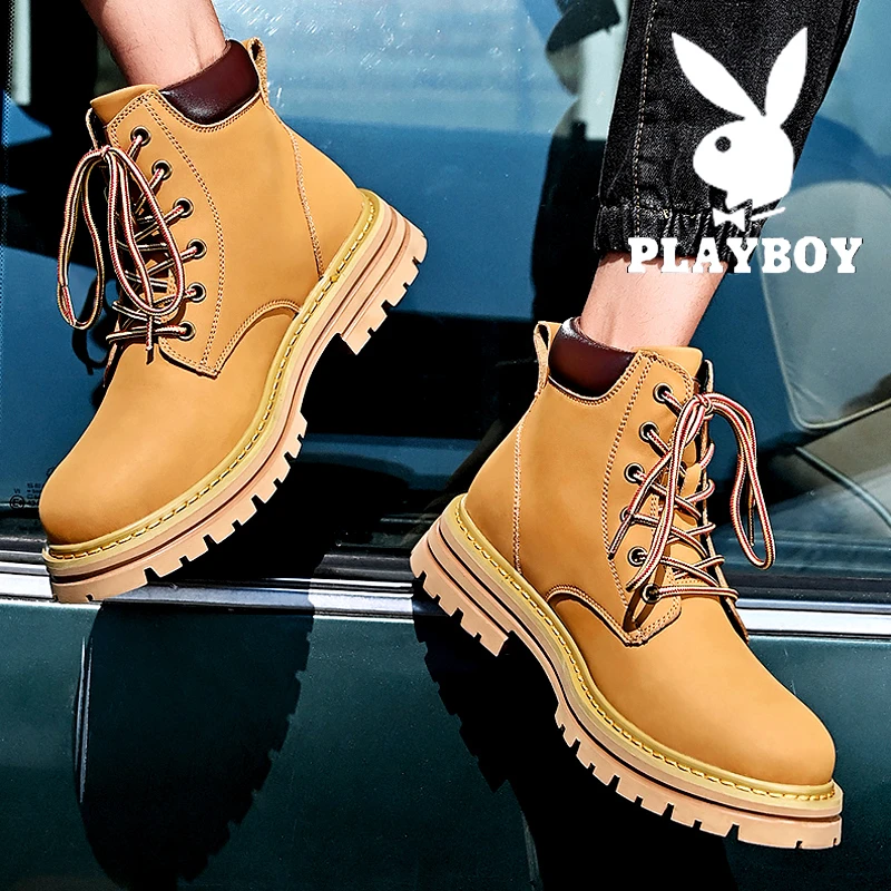 PLAYBOY马丁靴男秋季踢不烂大黄靴男士英伦风复古真皮高筒工装靴