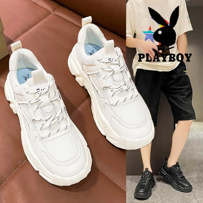 花花公子鞋子男鞋冬季新款网面透气情侣鞋厚底增高百搭小白运动鞋