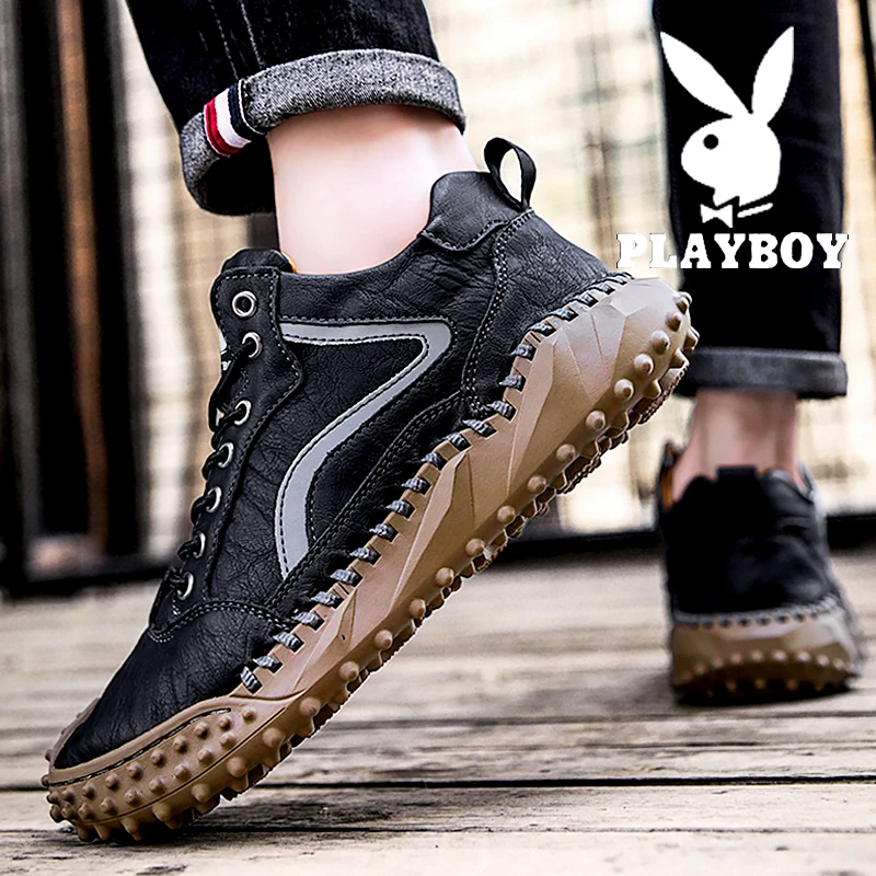 PLAYBOY皮鞋男款秋季软底防滑耐磨真皮男鞋干活工作高帮劳保潮鞋