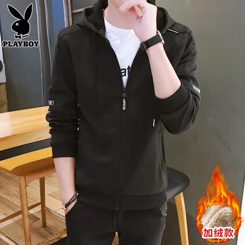 花花公子卫衣男连帽冬季2025新款加绒保暖宽松长袖外套上衣打底衫