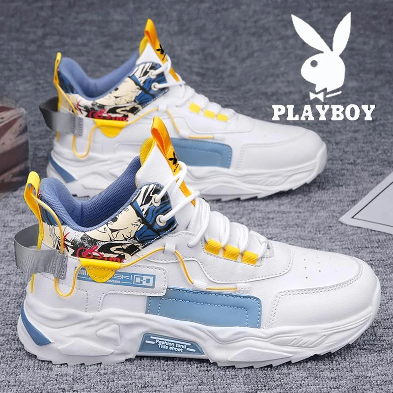 花花公子男鞋秋季2025新款高帮篮球休闲运动厚底皮面秋季老爹潮鞋
