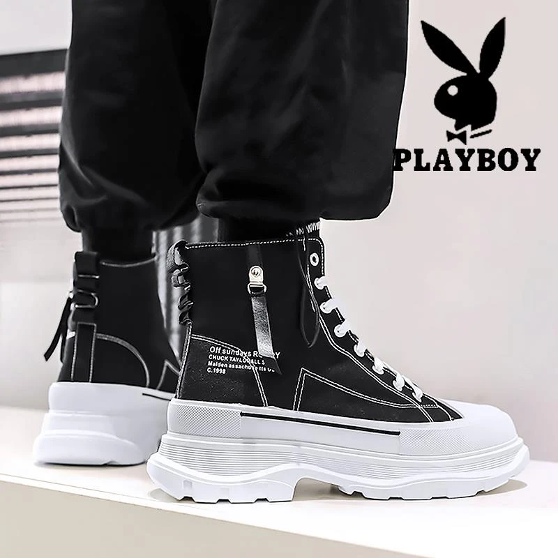 花花公子高帮鞋子男2025秋季新款布鞋增高厚底帆布鞋休闲潮牌板鞋