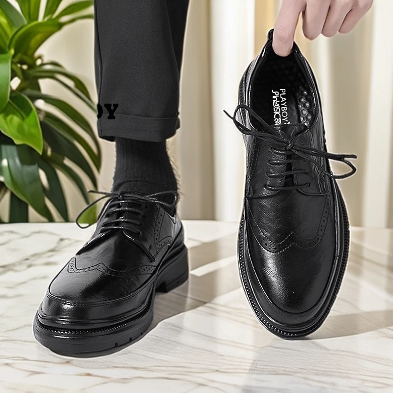 花花公子2025冬季新款男鞋皮鞋布洛克正装内增高真皮英伦休闲皮鞋