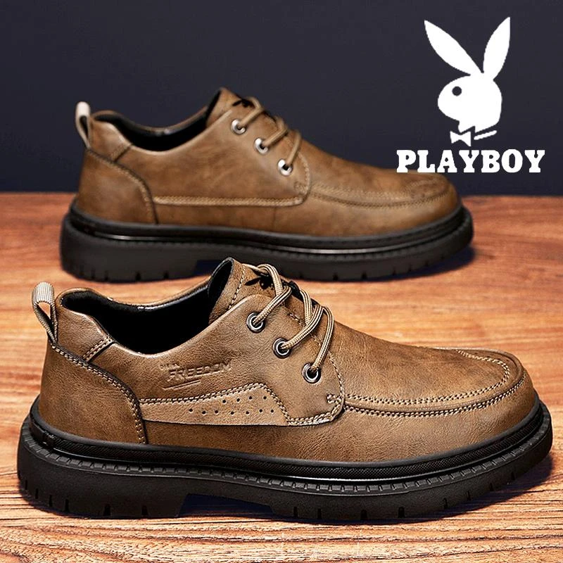花花公子秋春男鞋2025新款简约皮鞋男士时尚棕色商务正装休闲鞋子