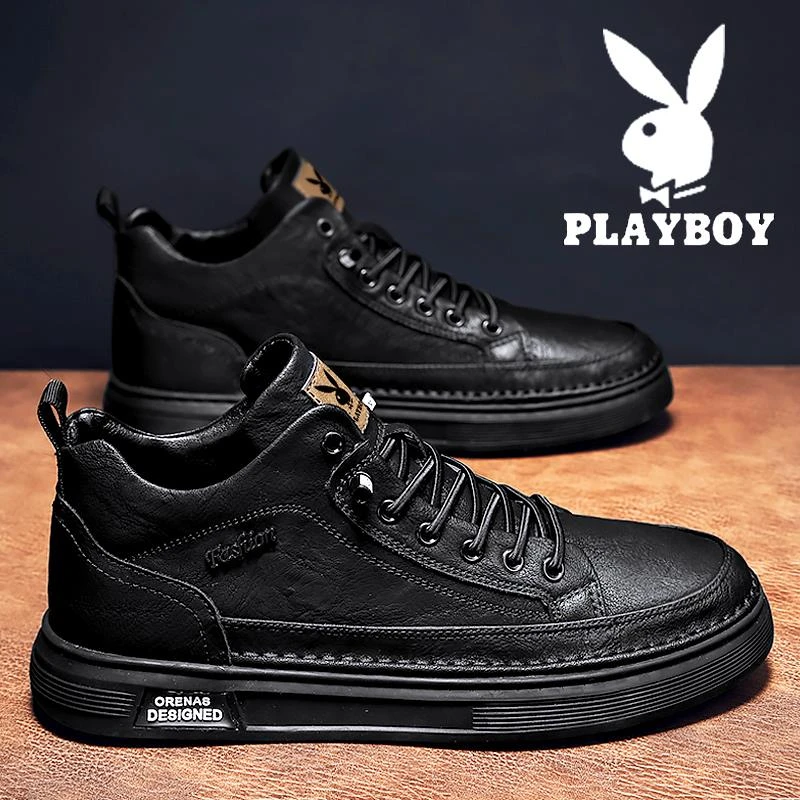 花花公子男鞋春冬季2025新款真皮板鞋高帮鞋子男黑色英伦休闲皮鞋