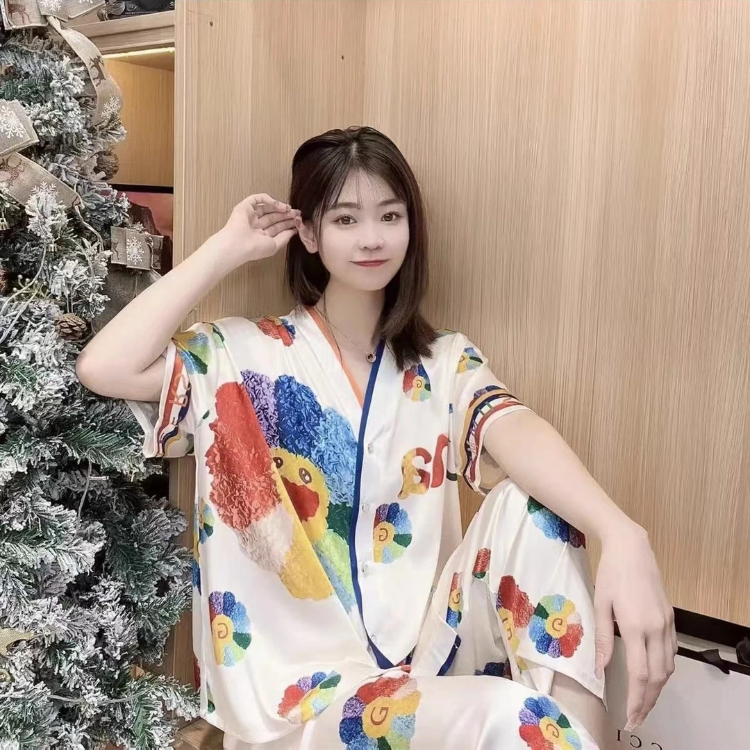 睡衣套装女薄款珠光缎短袖套装加大码家居服舒适女士时尚气质网红