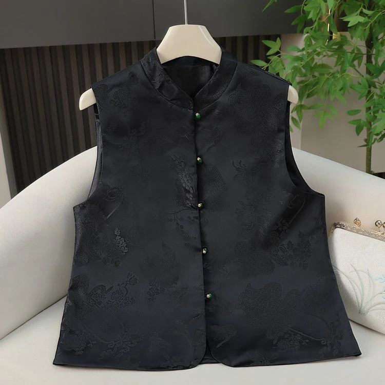 新中式国风马甲背心女2024秋季新款复古提花盘扣立领无袖坎肩上衣