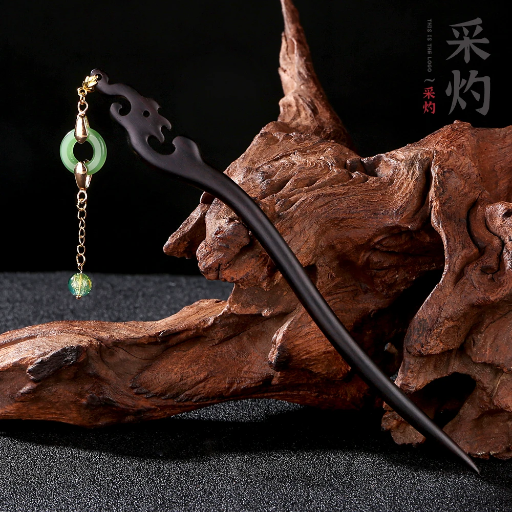 古风发簪饰品头饰复古小众流苏木钗子简约日常步摇黑檀木发簪