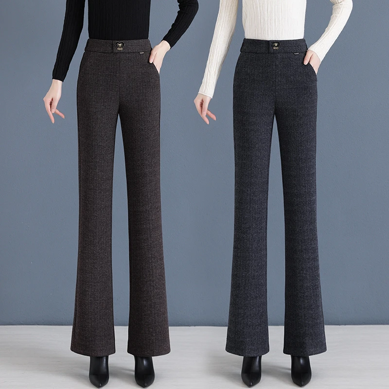 休闲绵羊毛呢裤显瘦高腰直筒外穿加绒加厚秋冬冬季春秋百搭微喇叭