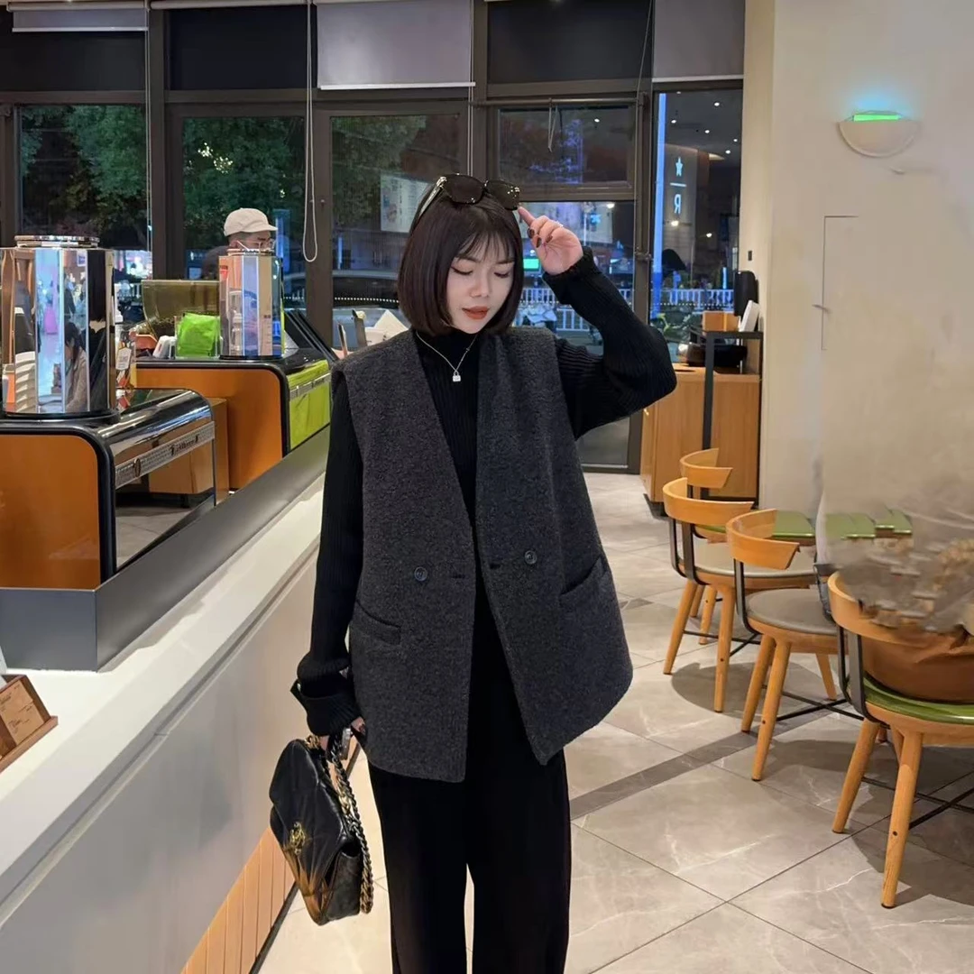 玳妮【V领呢马夹】秋冬季 复古风简约纯色马甲气质毛呢休闲百搭坎肩