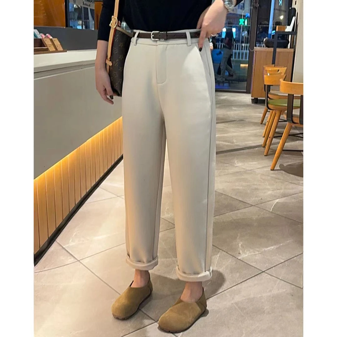 玳妮【萝卜裤】秋季高腰皮带翻边斜纹时装裤宽松加厚呢料哈伦休闲裤