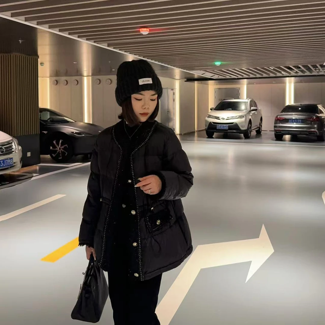 玳妮【小香风羽绒】冬季新款气质名媛小香羽绒服毛边粗花呢拼接外套