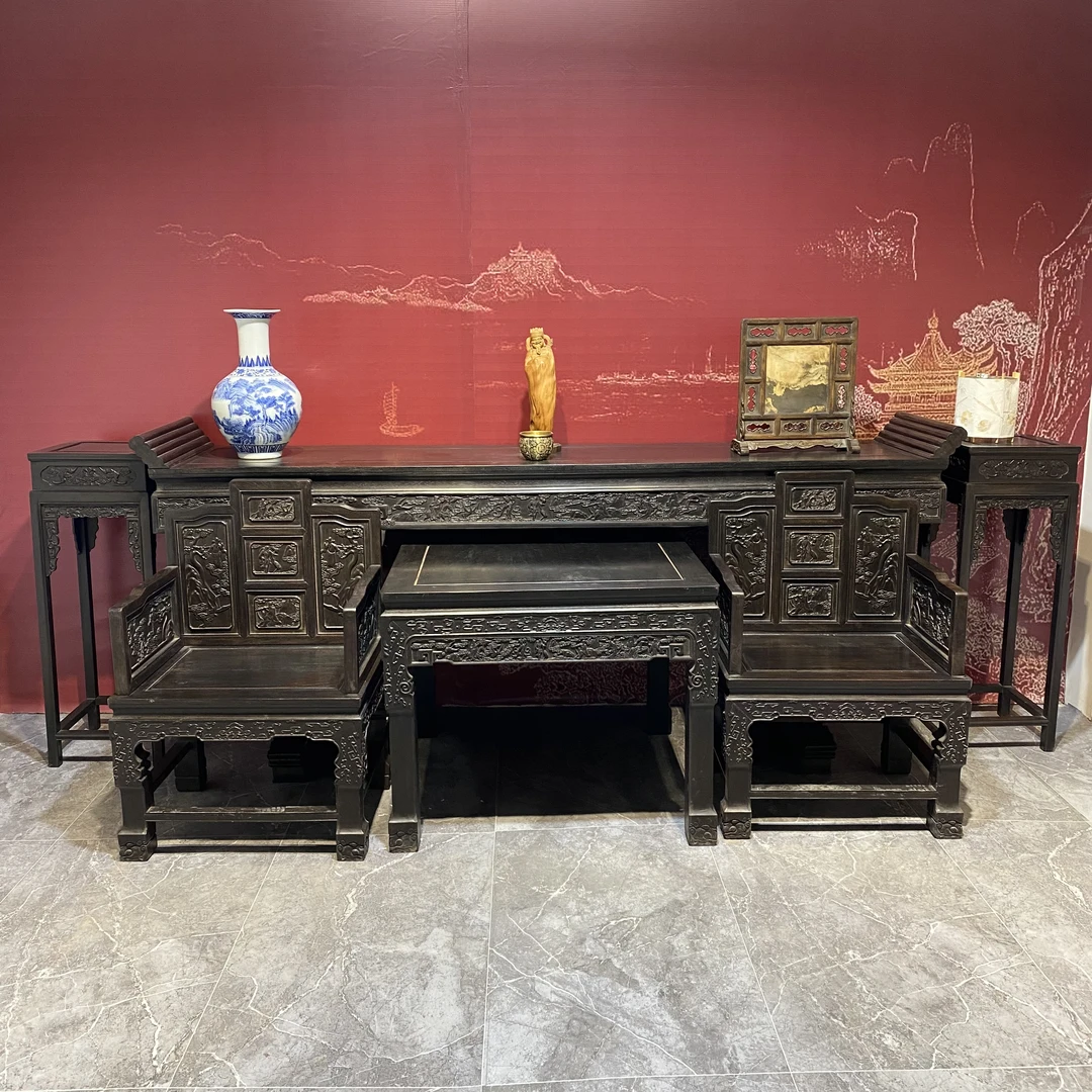 檀木中堂六件套别墅家具客厅家具自建房长条案八仙桌明清家具中堂