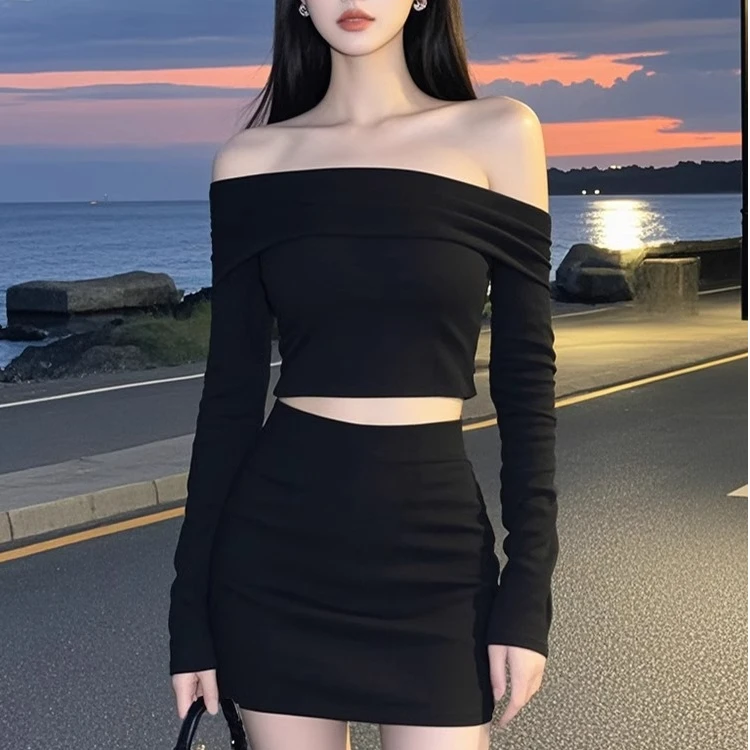 时尚百搭两件套秋季新款御姐气质一字领露肩长袖上衣半身裙套装女