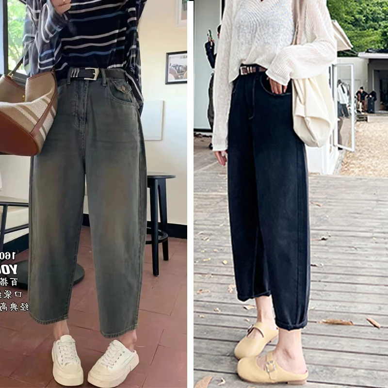 2024复古哈伦老爹牛仔裤女做旧高腰宽松九分阔腿奶奶