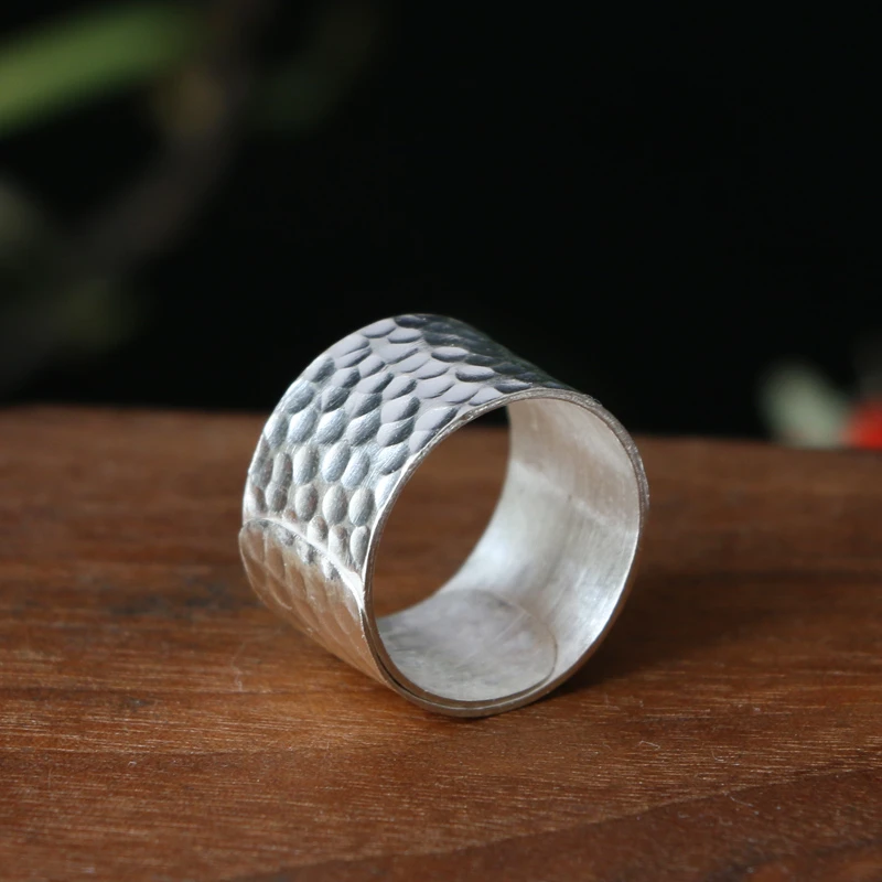 足银戒指 锤纹银戒指999足银戒子指环男士宽扳指个性定做手工银戒