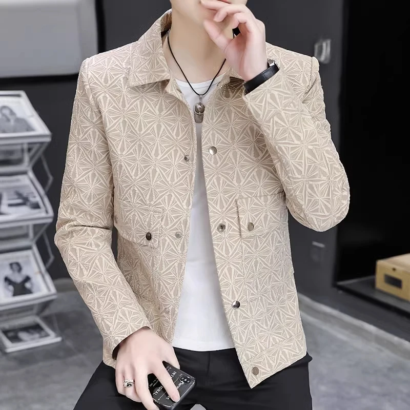 春秋款男士格子小西服外套男修身翻领时尚夹克加绒短款印花外套潮