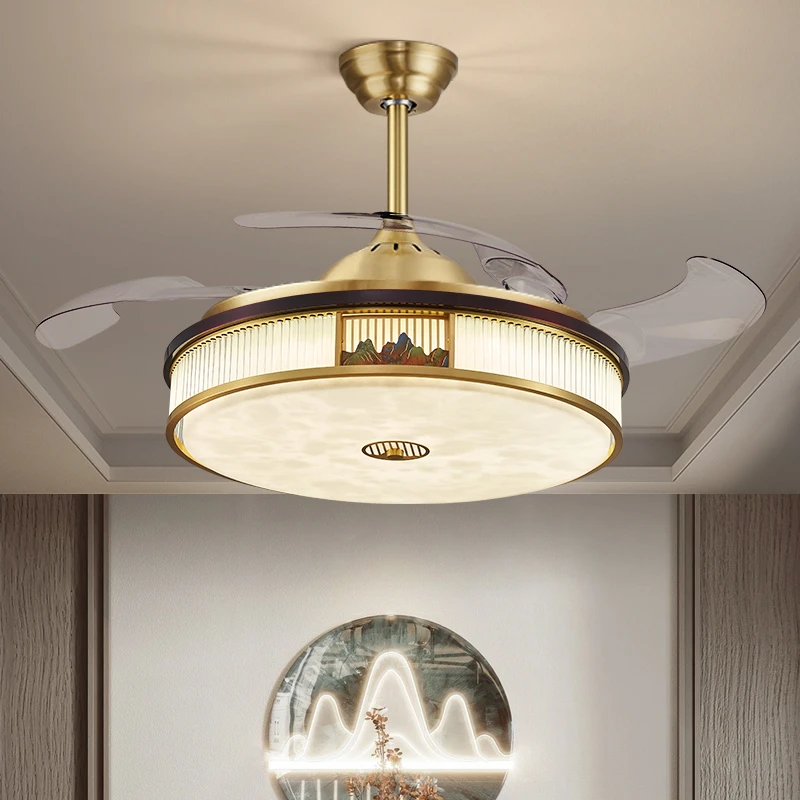 新中式风扇吊灯中式禅意风客厅简约现代全铜卧室隐形餐厅吊扇灯