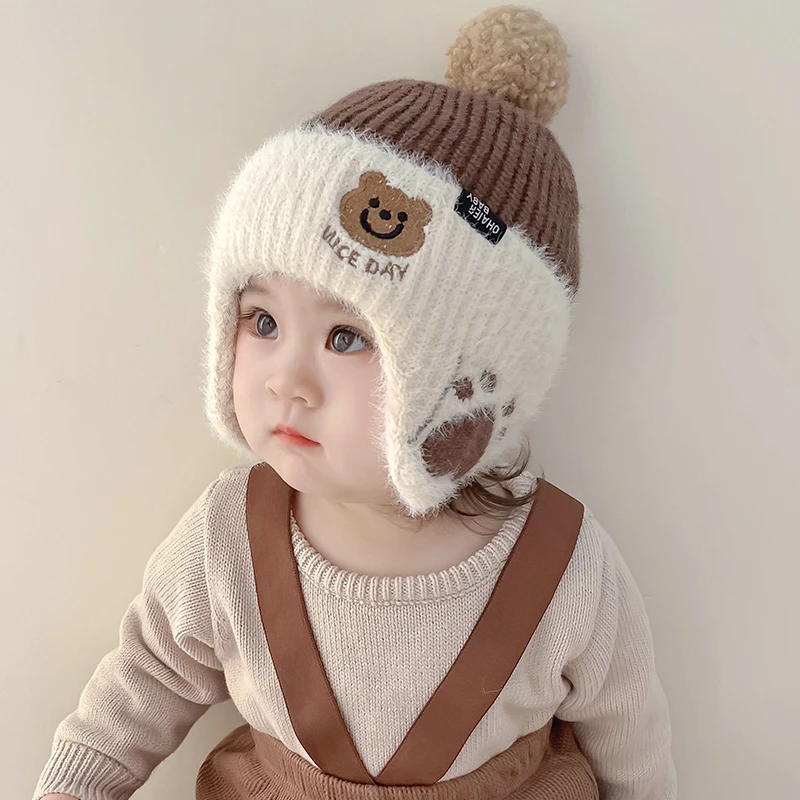 婴幼儿毛线帽可爱小熊秋冬季针织护耳男女宝宝冬天保暖韩版套头潮