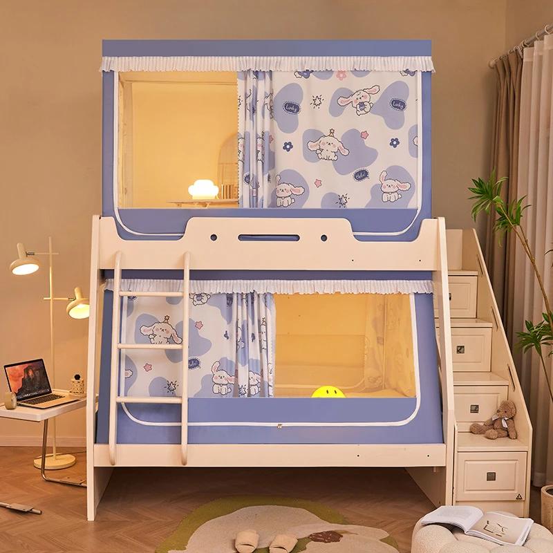 2025新款三开门卡通印花遮光防尘上下铺子母床梯形卧室家用可伸缩