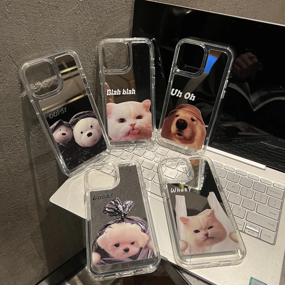 【苹果系列】ins小众可爱袋子猫咪狗狗镜面太空壳iPhone14/13/12
