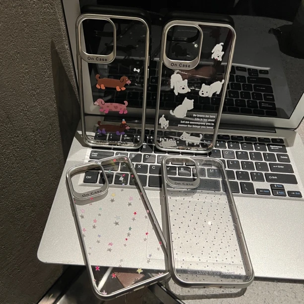 ins小众美韩电镀银边框三只腊肠狗白色西高地透明亚克力手机壳