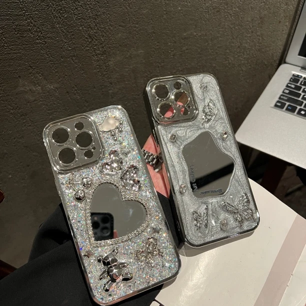 ins小众高级感电镀银水泥灰闪粉亮片水钻小镜子滴胶全包手机壳