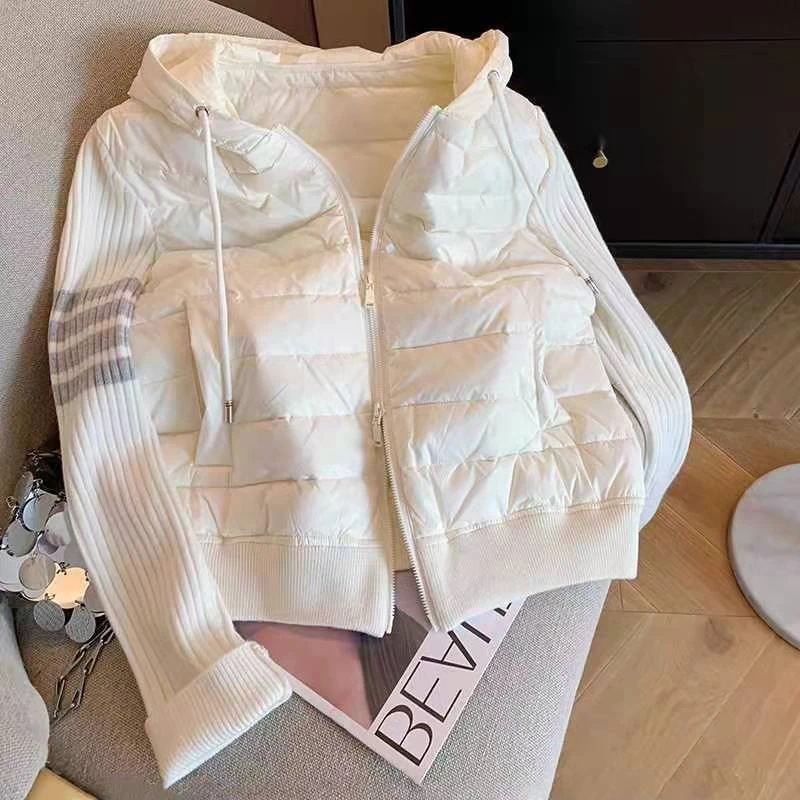 2025春秋设计感拼接针织连帽 轻薄夹棉外套女上衣时尚保暖棉服