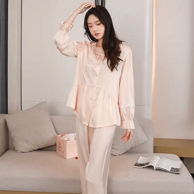 女士冰丝柔软舒适居家服时尚简约小袅伊人系列睡衣睡裤两件套长袖