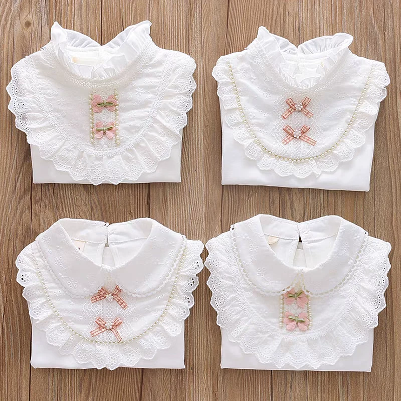 女童打底衫春秋季白色新款中大童立领春装翻领花边长袖T恤棉上衣