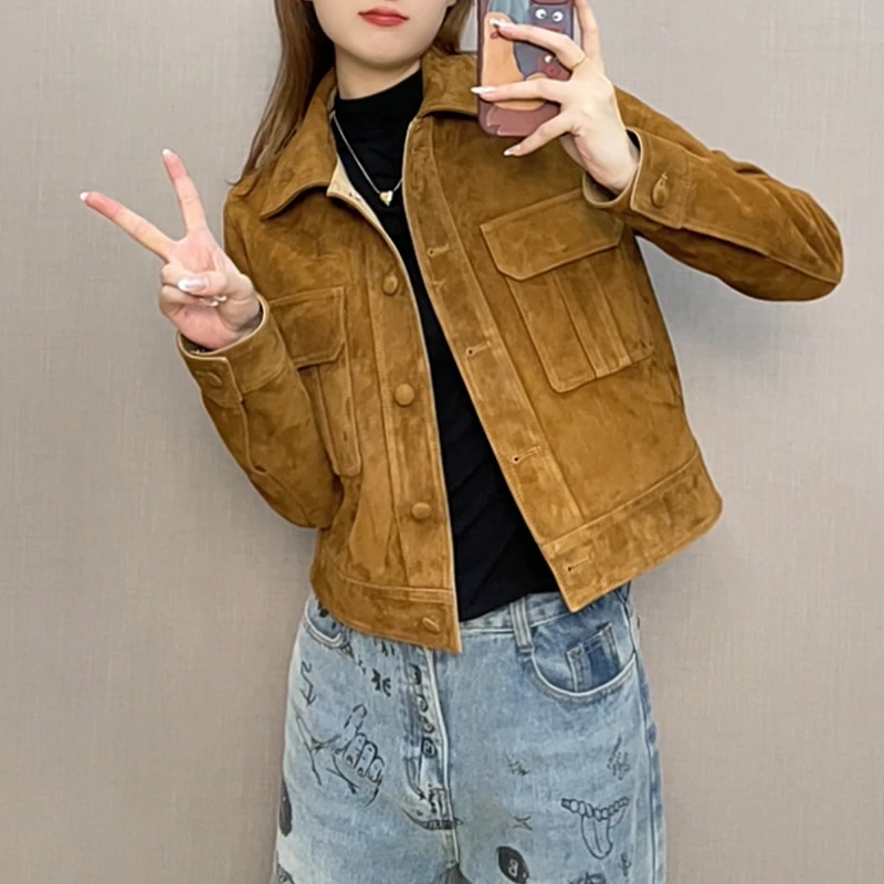 YJ海宁真皮皮衣女短款翻领单排扣大兜修身气质小个子外套JL2512