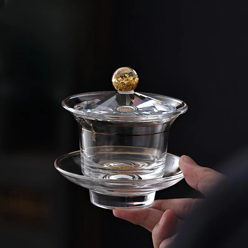 新款金箔水晶盖碗茶具茶器高端轻奢茶碗三才茶碗大容量泡茶碗