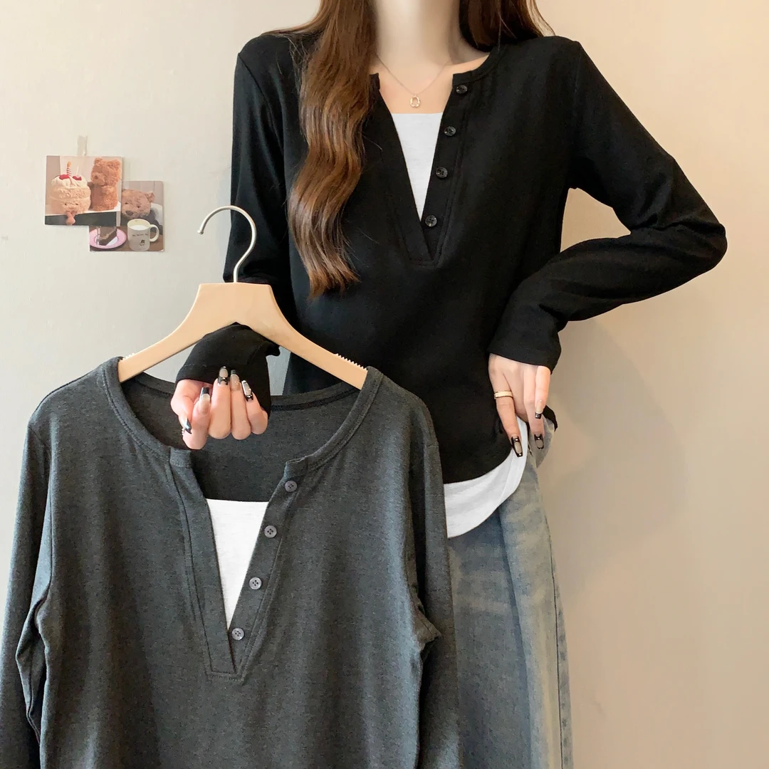 胖妹妹大码女装早秋V领长袖打底衫内搭遮肚子宽松显瘦上衣 F1103X