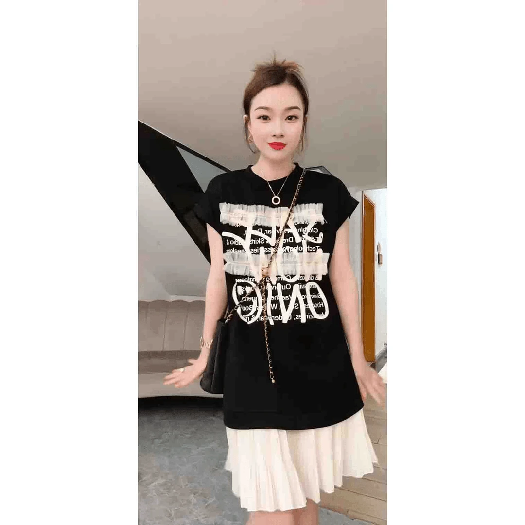 字母拼接网纱时尚休闲百褶女装连衣裙轻奢小香风气质百搭 F8502