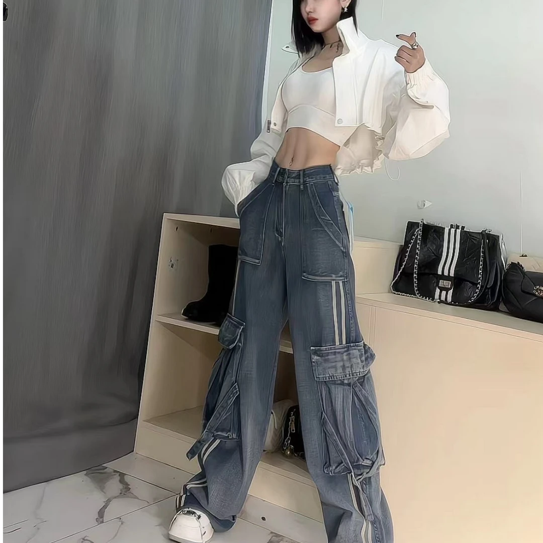 【宋昭瑶1】美式重工条纹印花大口袋工装牛仔裤
