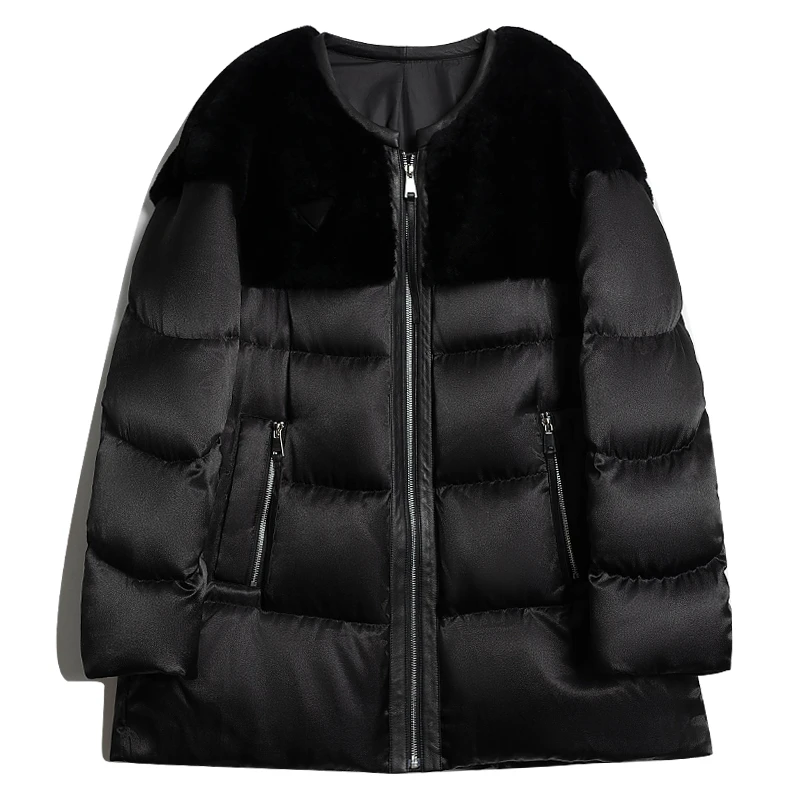 JIN口皮毛一体拼接90白鹅绒休闲中长款圆领保暖皮草羽绒服外套女