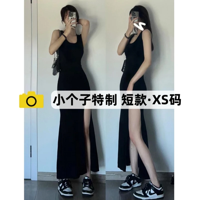 150小个子背心长裙高开叉性感露腿包臀修身过膝无袖吊带连衣裙女