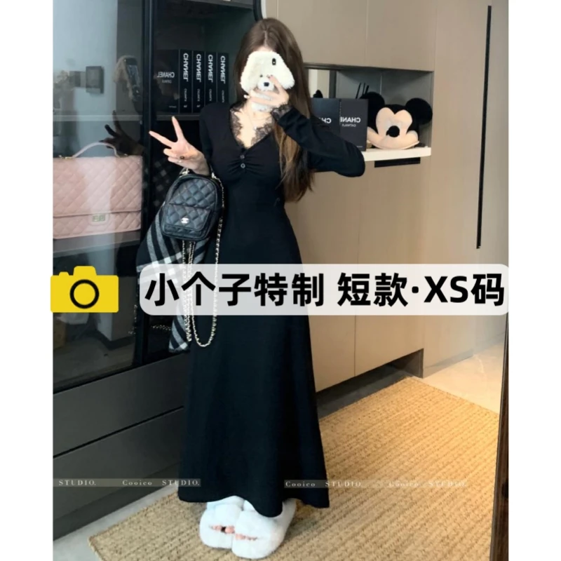 150小个子黑色蕾丝v领连衣裙女秋冬纯欲性感内搭打底裙收腰a字裙