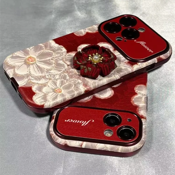 立体皮质红色油画花朵适用iPhone15promax苹果14手机壳13大视窗12