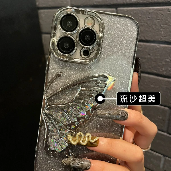 苹果15手机壳闪粉流沙蝴蝶iPhone14ProMax全包13硅胶12高级感11潮