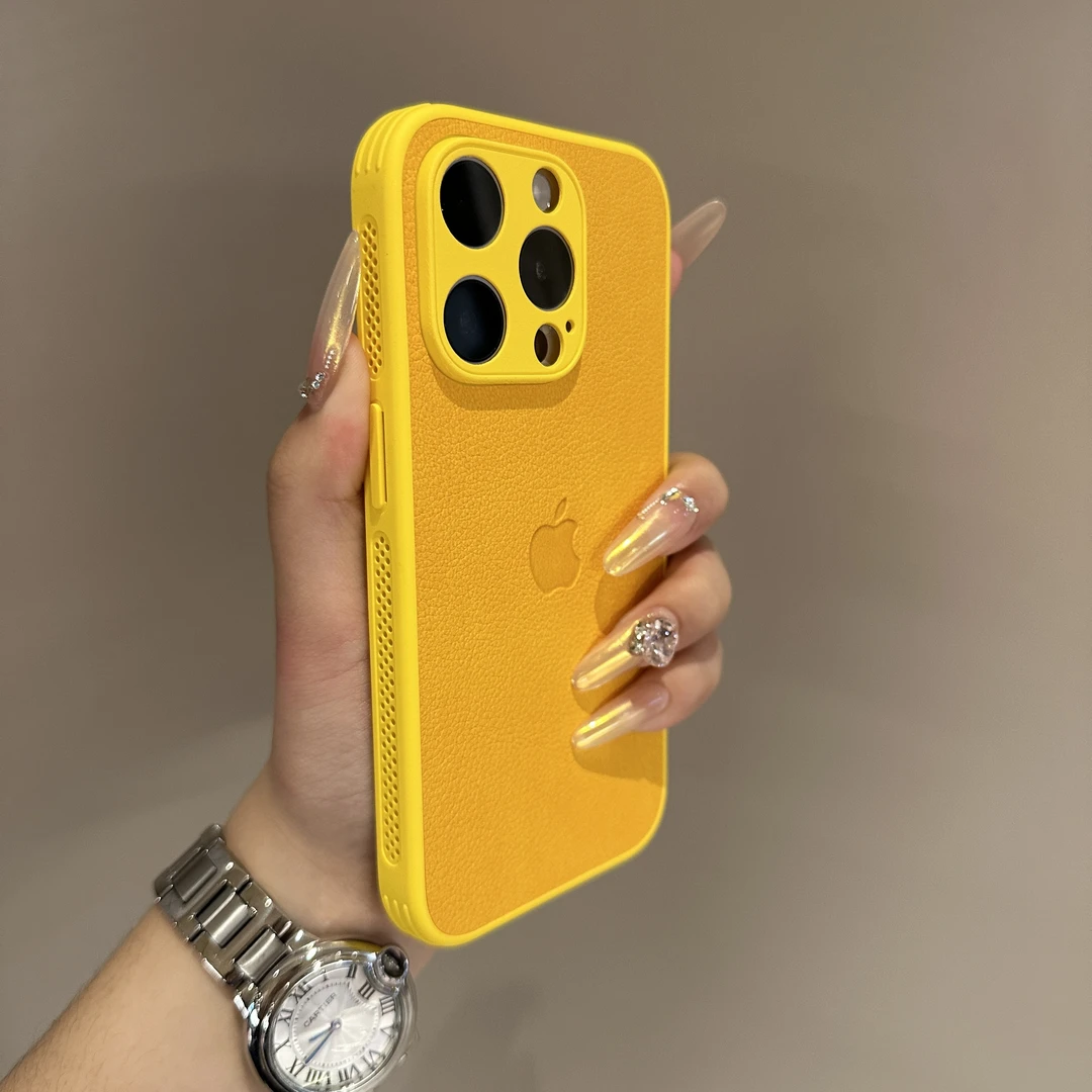 纯色磨砂皮纹适用苹果15promax手机壳创意iPhone14散热13个性12女