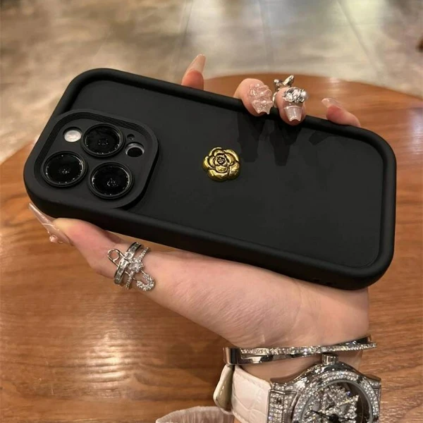 高级黑肤感立体山茶花iPhone14promax手机壳苹果13新款12全包11xs